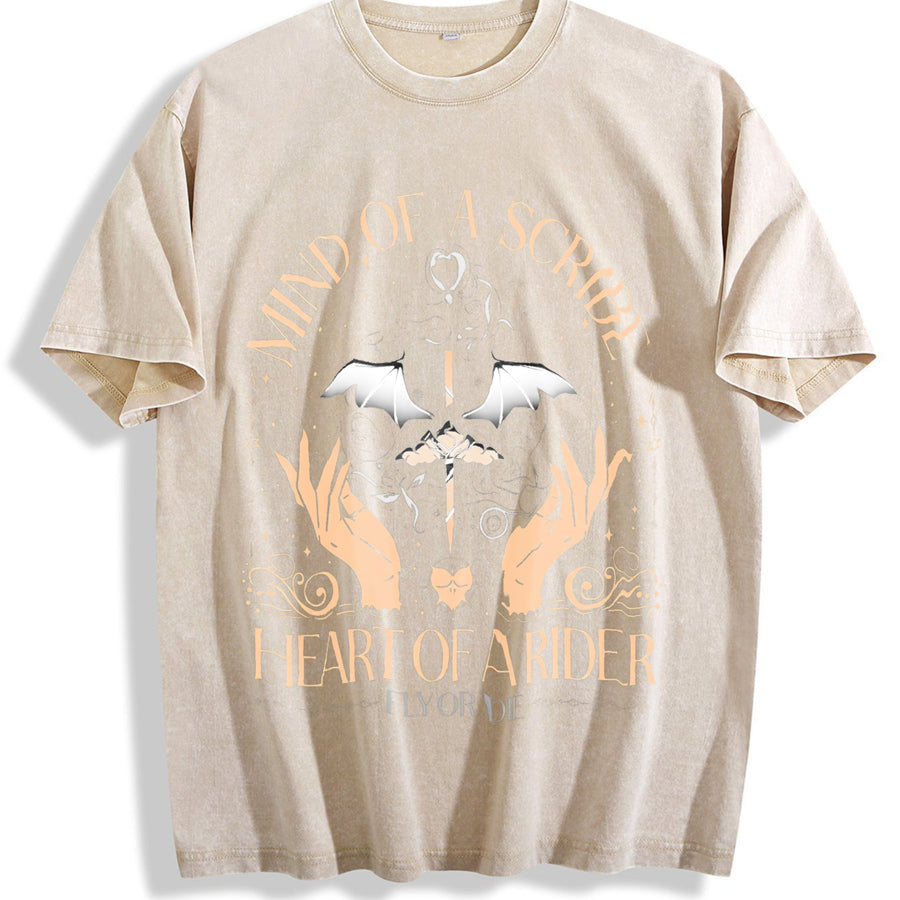 Eagle'S Soul Fourth Wing Dragon Knight Basgat War Academy vintage washed oversized T-shirt in Beige