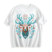 Animal with Faux Embroidered Deer Head Cotton T-Shirt in White