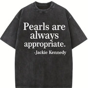Letter Pearl Embroidery Vintage Washed T-Shirt in Black