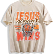 Always Wins Basketball Christian Faith Inspired with Bible Vintage Washed T-Shirt in Beige