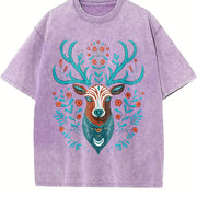 Animal with Faux Embroidered Deer Head Vintage Washed T-Shirt in Purple