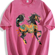New Year's Winter Ethnic Exotic Golden Edition Black Horse Vintage Washed T-Shirt in Red