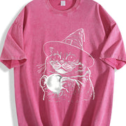 Witch Cat Retro Halftone Halloween Vintage Washed T-Shirt in Red