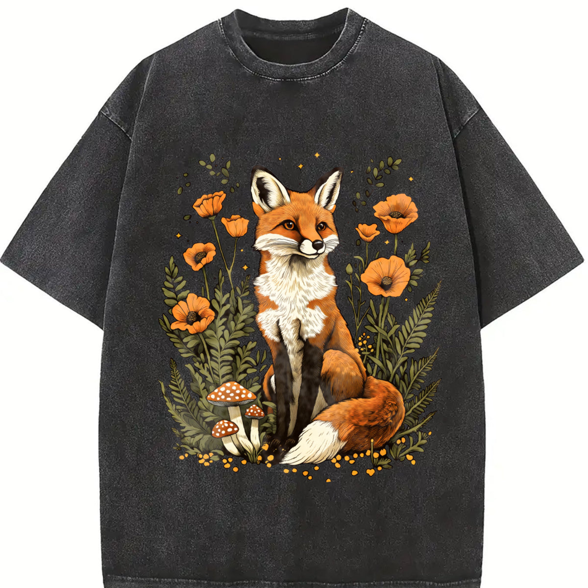 Autumn Fox and Falling Leaves Vintage Washed T-Shirt in Black