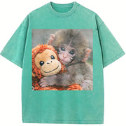Cat with Monkey Plush Vintage Washed T-Shirt in Blue