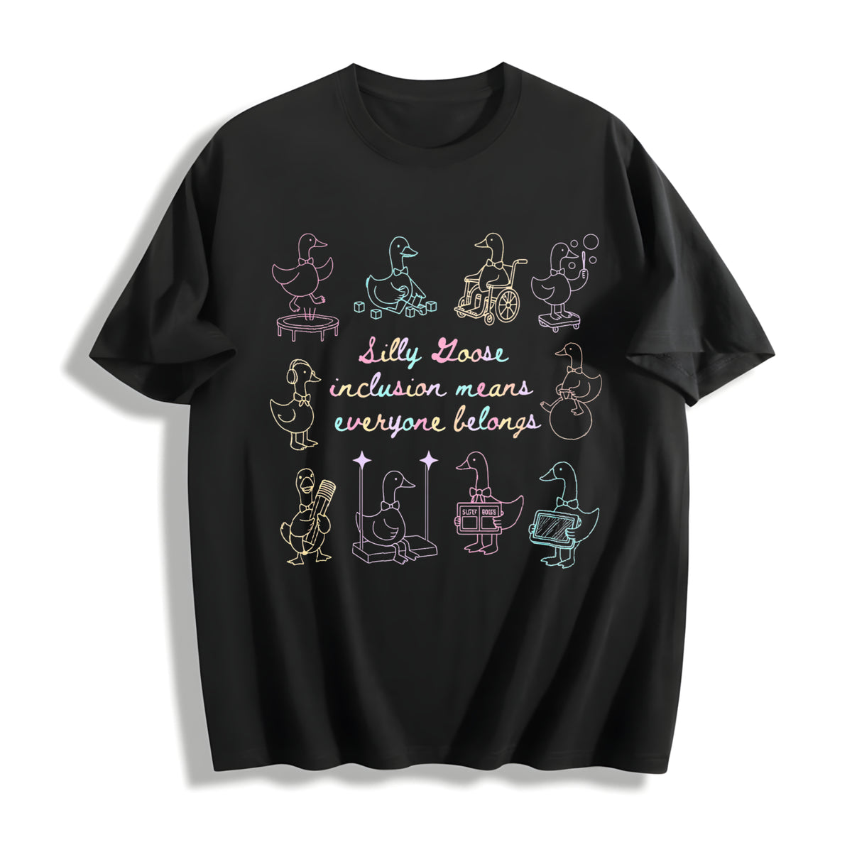 Silly Goose Inclusion Means Everyone Belongs Cotton T-Shirt in Black