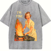 I’m Fine Retro Housewife Vintage Washed T-Shirt in Gray