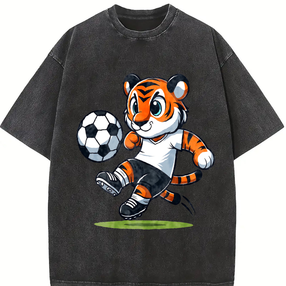 Tiger Soccer Player Vintage Washed T-Shirt in Black