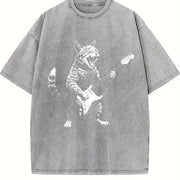 Rock Cat Guitar Playing Cat Vintage Washed T-Shirt in Gray