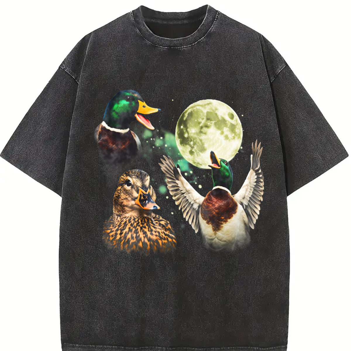 Mallard Duck Moon Retro Wildlife Bird Vintage Washed T-Shirt in Black