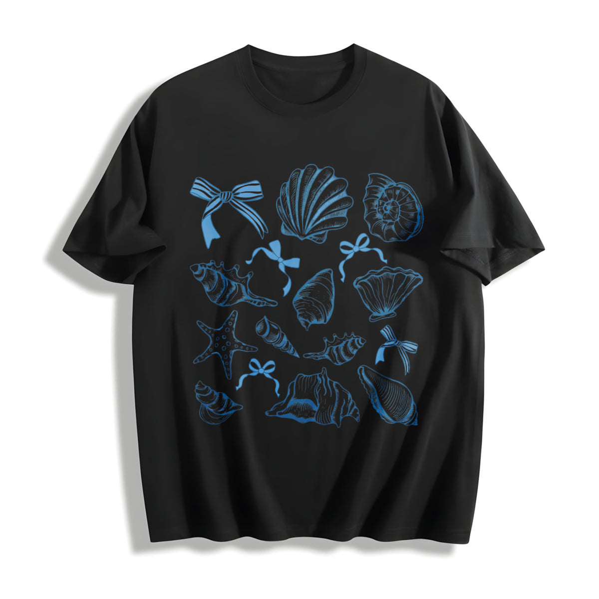 Seashell Coquette Beach Cotton T-Shirt in Black