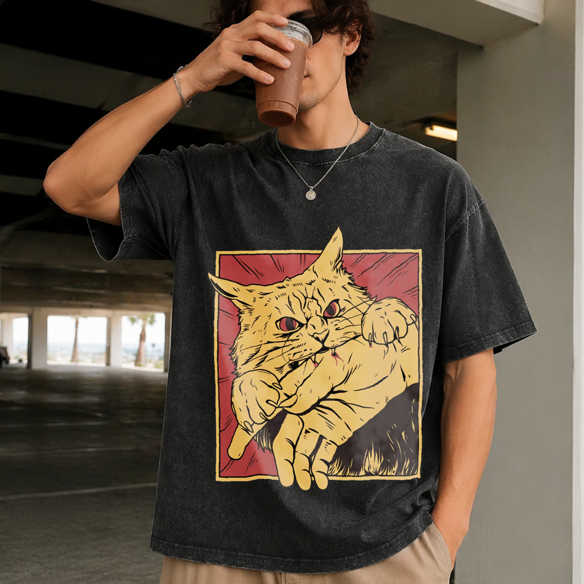 Cat Bite Anime Kitty Vintage Washed T-Shirt in Black