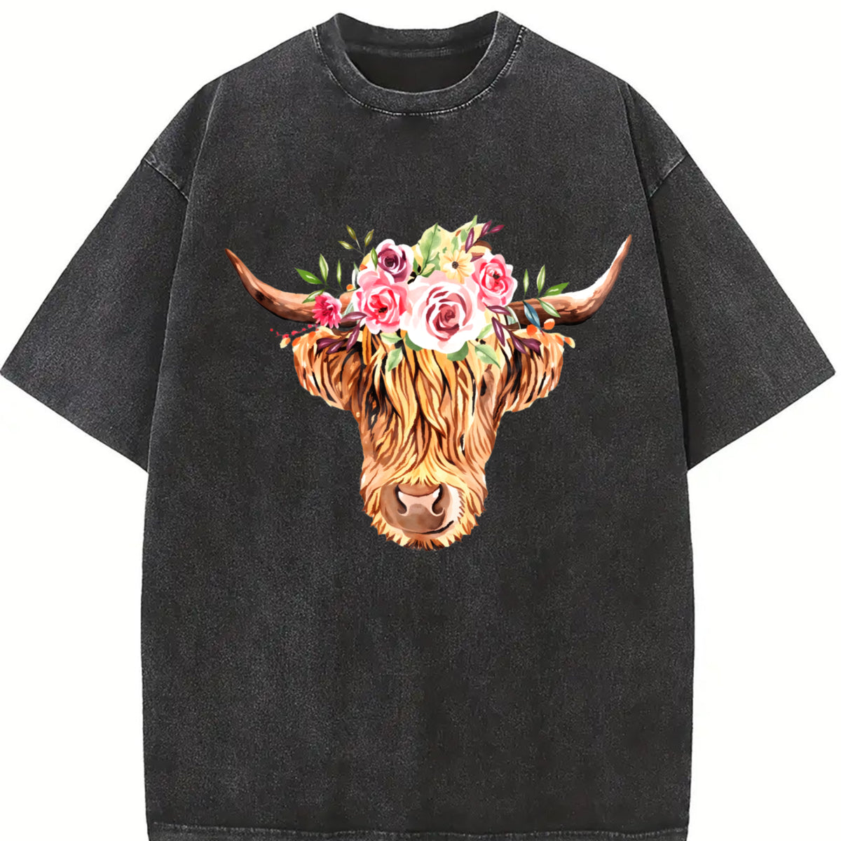 Highland Cow with Flowers Vintage Washed T-Shirt in Black