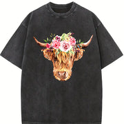 Highland Cow with Flowers Vintage Washed T-Shirt in Black