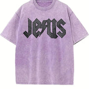 Jesus Embroidered Christian Vintage Washed T-Shirt in Purple