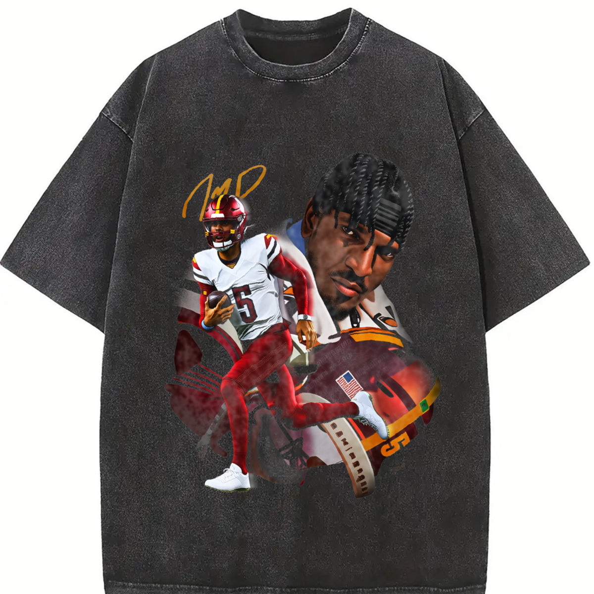 Jayden Daniels Washington Rookie Star Custom Football vintage washed oversized T-shirt in Black