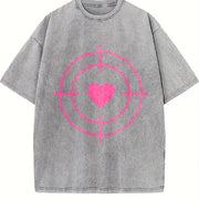 Valentine's Day Pink Heart Bullseye Vintage Washed T-Shirt in Gray