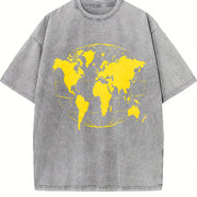 Yellow World Map Vintage Washed T-Shirt in Gray