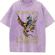 Sister Autumn: Witch Riding a Flying Dragon Letter Vintage Washed T-Shirt in Purple