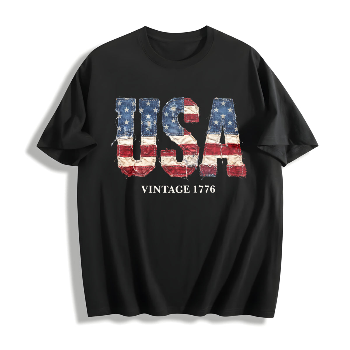 USA 1776 Patriotic American Flag Cotton T-Shirt in Black