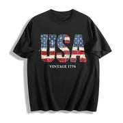 USA 1776 Patriotic American Flag Cotton T-Shirt in Black