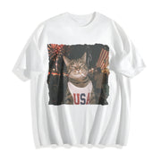 Patriotic Smoking Cat Cotton T-Shirt in White
