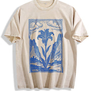 Lily Flower Medieval Renaissance Linocut Art Vintage Washed T-Shirt in Beige