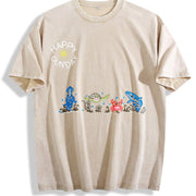 Sea Animals Embroidered Vintage Washed T-Shirt in Beige