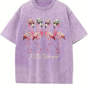Hello Flamingo Beach Vintage Washed T-Shirt in Purple