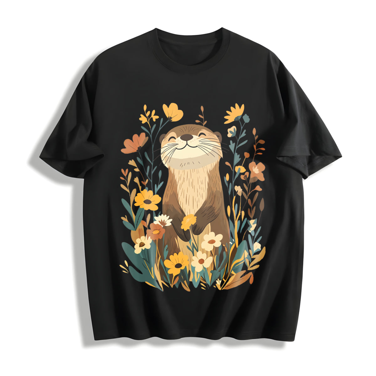 Short-sleeve with Otter & Botanical Cotton T-Shirt in Black