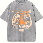 Tiger Face - Loose Beachwear Vintage Washed T-Shirt in Gray
