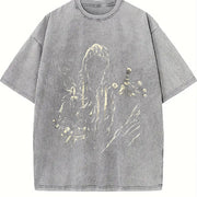 Faceless Reaper Skull Candle Art Vintage Washed T-Shirt in Gray