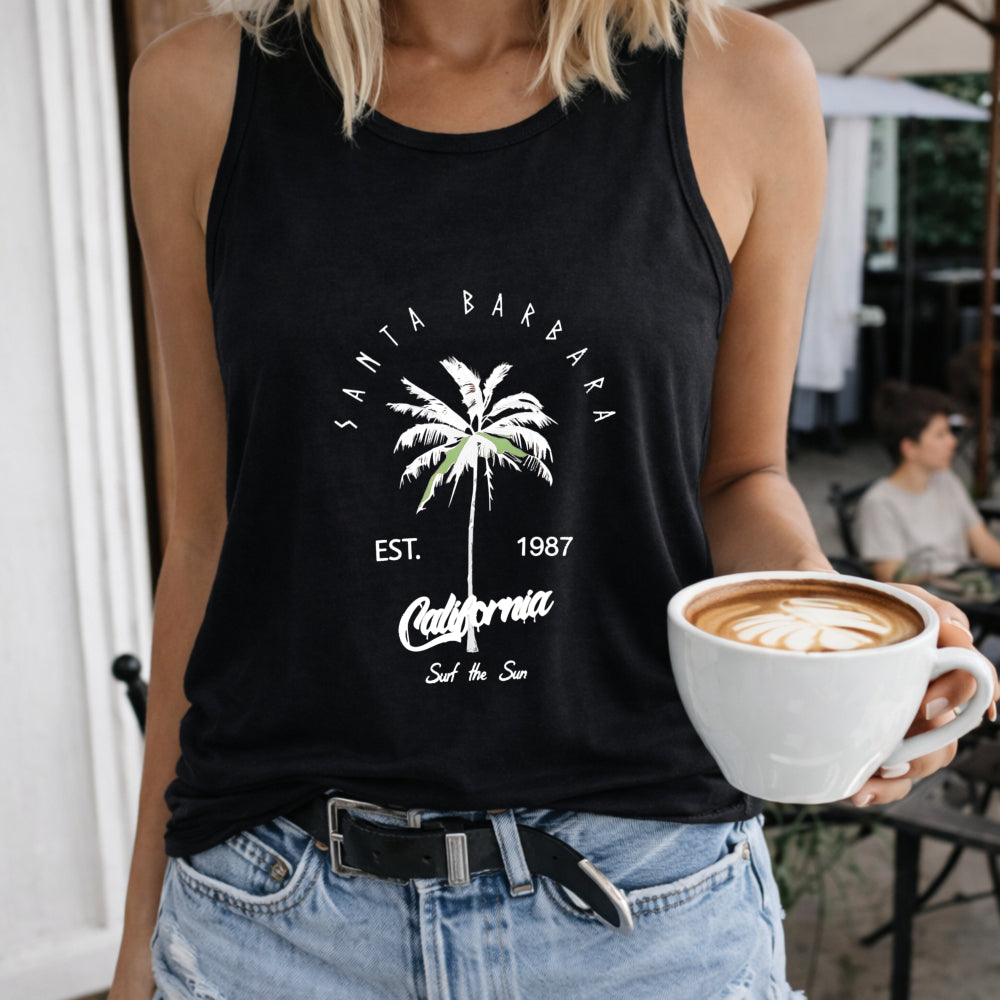 Santa Barbara California Palm Tree Surf the Sun Crew-neck Women's Color Cotton Tank Top in Black
