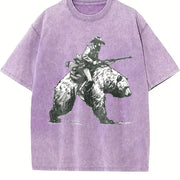 Retro Lumberjack Cowboy Riding a Bear 90s Vintage Washed T-Shirt in Purple