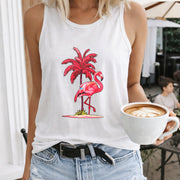 Flamingo Palm Tree Island Scene Crew-neck Sleeveless Vest Women's Color Cotton Tank Top in White