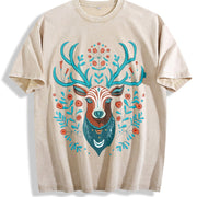Animal with Faux Embroidered Deer Head Vintage Washed T-Shirt in Beige