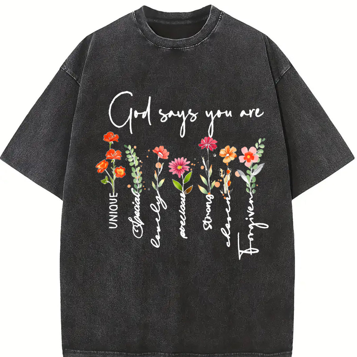 A Plant Floral Letter Faith Vintage Washed T-Shirt in Black