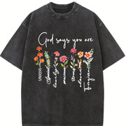 A Plant Floral Letter Faith Vintage Washed T-Shirt in Black