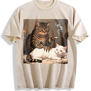 Smoking Cat Tattooing a White Cat Vintage Washed T-Shirt in Beige