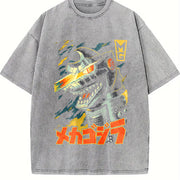 Godzilla 2026 New Hot Godzilla Monster Old 3Vintage Loose vintage washed oversized T-shirt in Gray