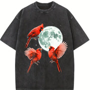 Red Cardinal Howling at Moon 90s Vintage Washed T-Shirt in Black