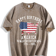 Patriotic Happy Birthday America Vintage Washed T-Shirt in Brown