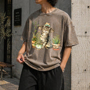 Cat and Plant Gardening Cat Vintage Washed T-Shirt in Brown