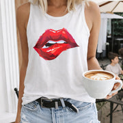 Red Lips Women's Color Cotton Tank Top in White