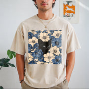 Black Cat Floral Vintage Washed T-Shirt in Beige