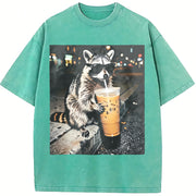 Raccoon Drinking Iced Coffee Animal Meme vintage washed oversized T-shirt in Blue