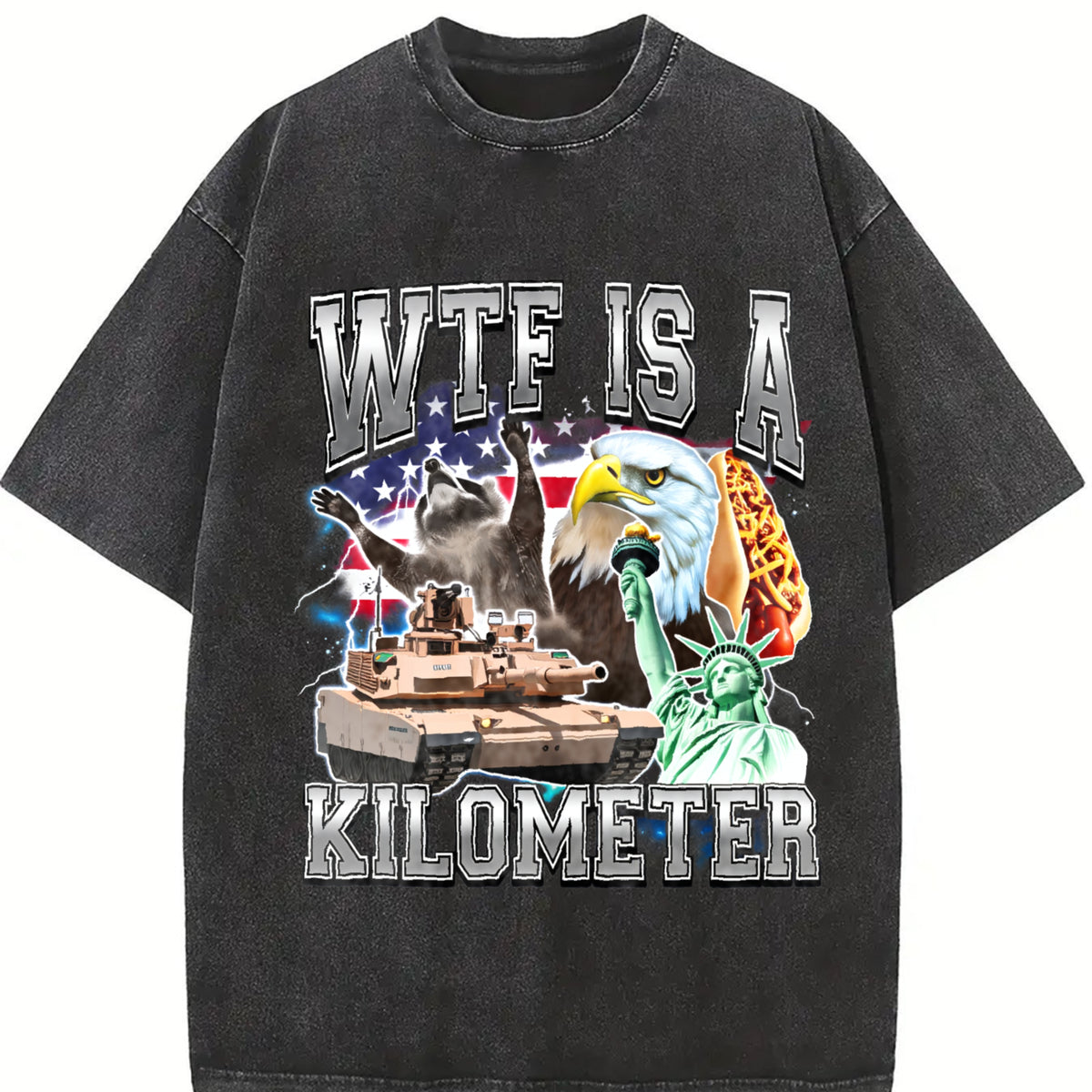 WTF Is a Kilometer Meme Retro Vintage Washed T-Shirt in Black