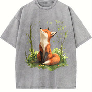 Autumn a Spring Floral and Fox Round-neck Short-sleeve Vintage Washed T-Shirt in Gray