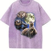 Otters in Galaxy Retro Otter Moon Vintage Washed T-Shirt in Purple