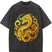 Retro Gold Chinese Dragon 90s Vintage Washed T-Shirt in Black